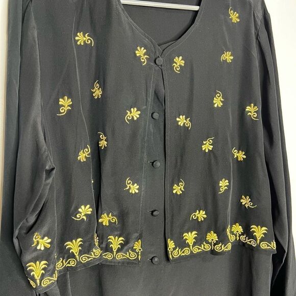 Diane Von Furstenberg 100% Silk Black Gold Embroidered Vintage Tunic Size 1X - Picture 4 of 10
